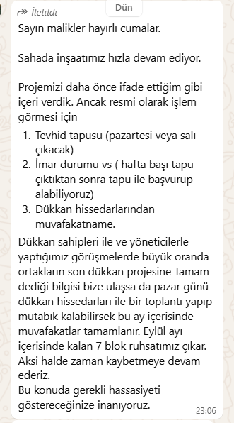Müteahhidin Whatsapp mesajı